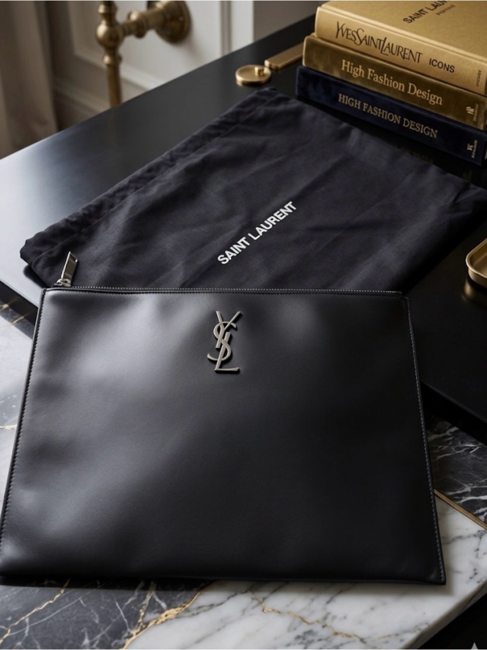 Saint Laurent Black Leather Logo Zip Pouch EXC CONDITION